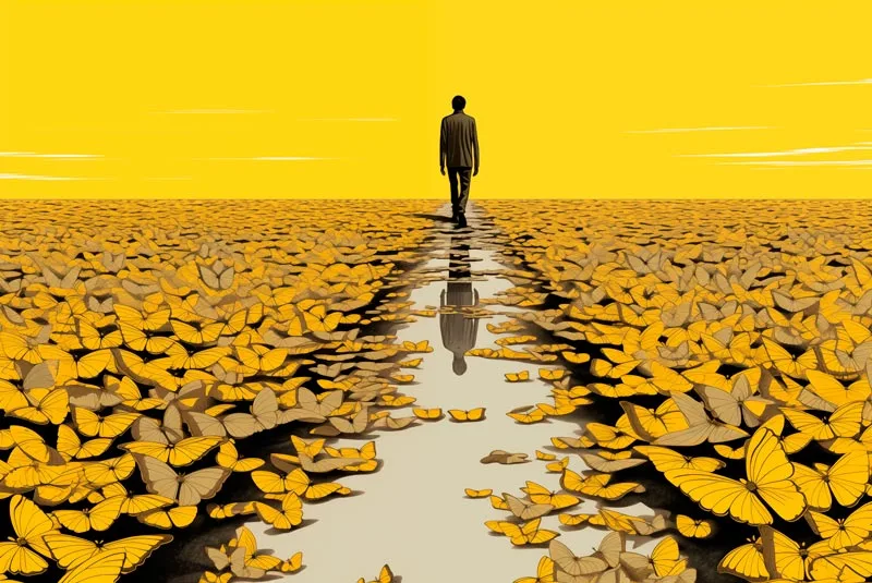 Ilustración de Mauricio Babilonia en un camino lleno de mariposas amarillas, personaje de Cien Años de Soledad