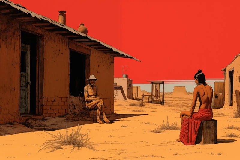 Ilustración del Brujo Piache en su ranchería (Leyenda del Hombre Caimán)