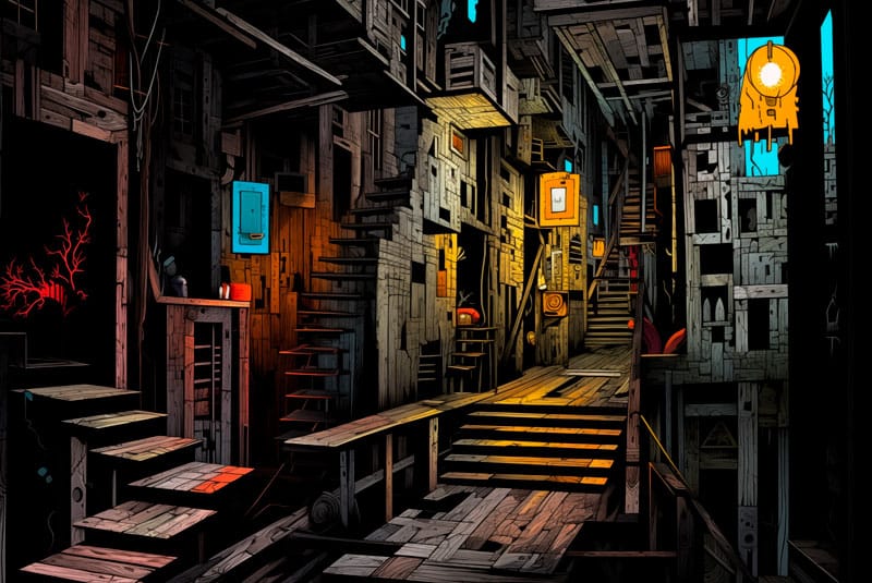 Ilustración de la casa laberíntica sin terminar de Lorenzo (Pueblo Rutinario)
