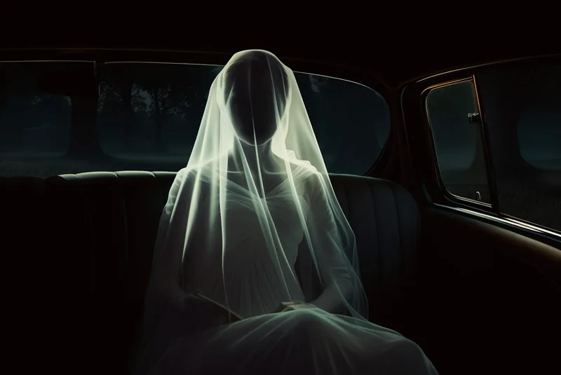 Poster negro de la leyenda urbana La Novia de Puerto Colombia. Se observa el fantasma de una mujer vestida de novia en el asiento trasero de un carro en la noche